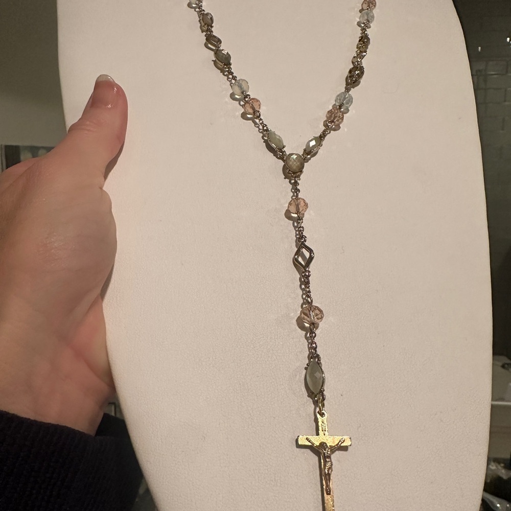 Vintage Gold and Pink Beaded Necklace with Cross